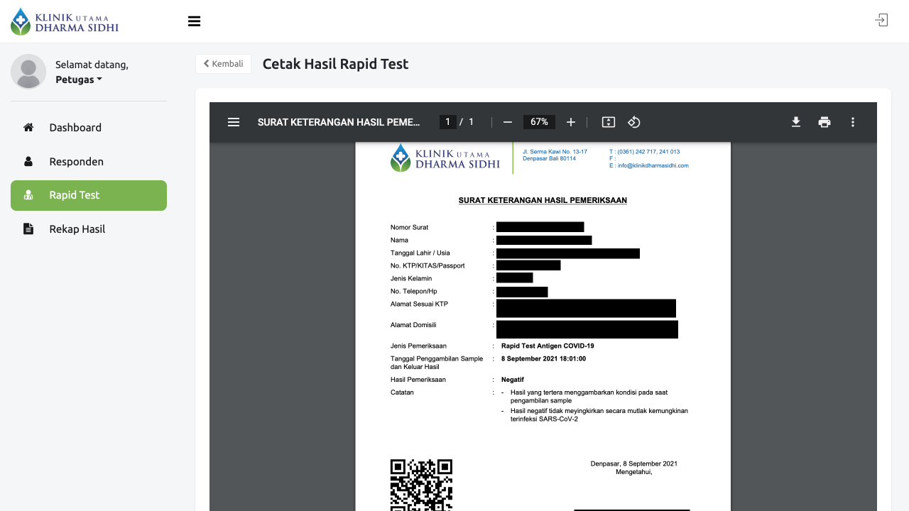 Sistem Informasi Rapid Test Antigen Covid-19 Klinik Utama Dharma Sidhi